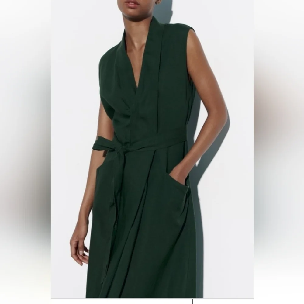 ZARA Belted Midi Linen Blend Dress Sz-XL - Picture 2 of 12
